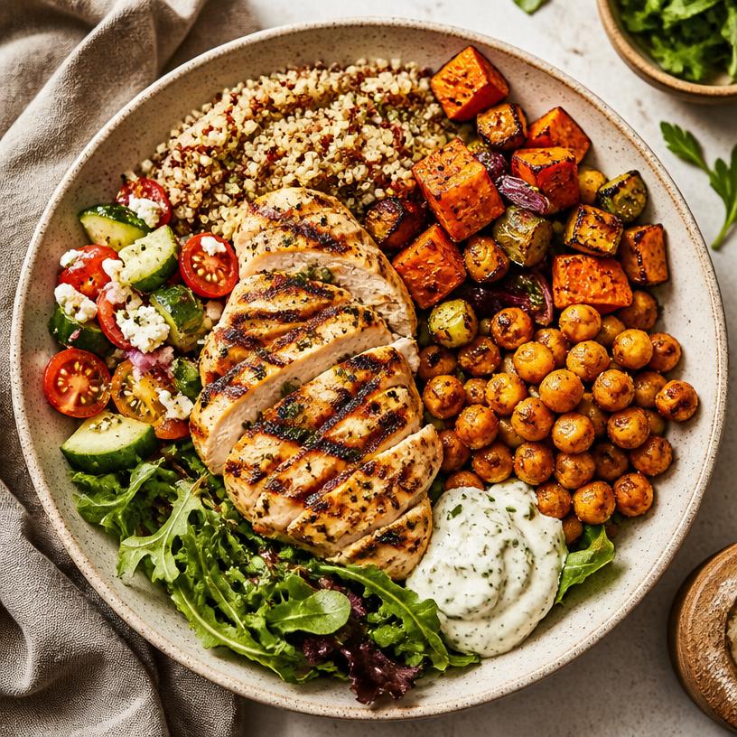 Almuerzo saludable con pollo a la parrilla, quinoa y vegetales
