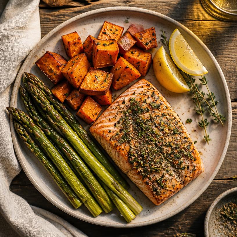 Cena saludable con salmón, boniato asado y espárragos