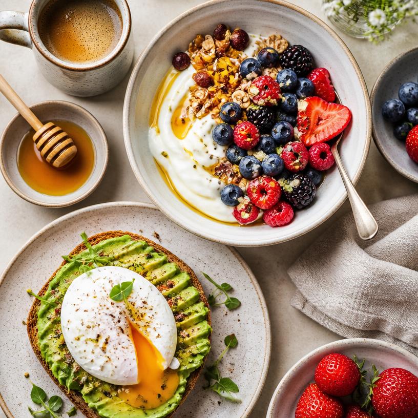 Desayuno saludable con yogur, frutos rojos y tostada de aguacate
