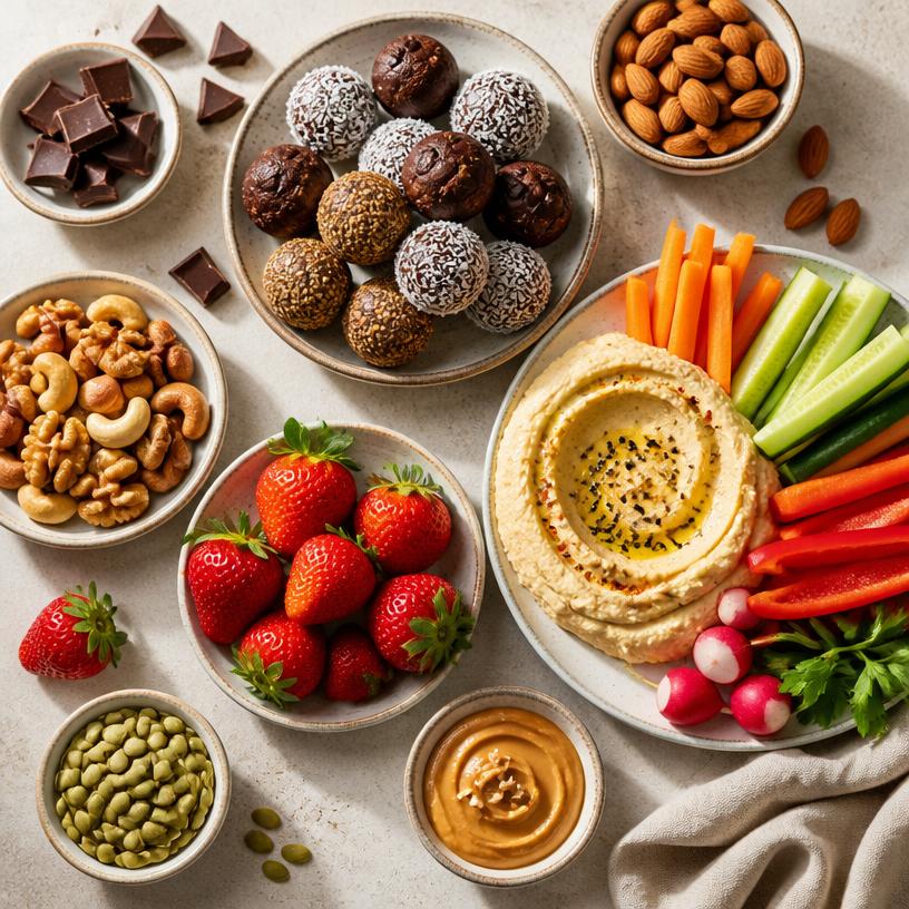 Snacks saludables con frutas, frutos secos y hummus